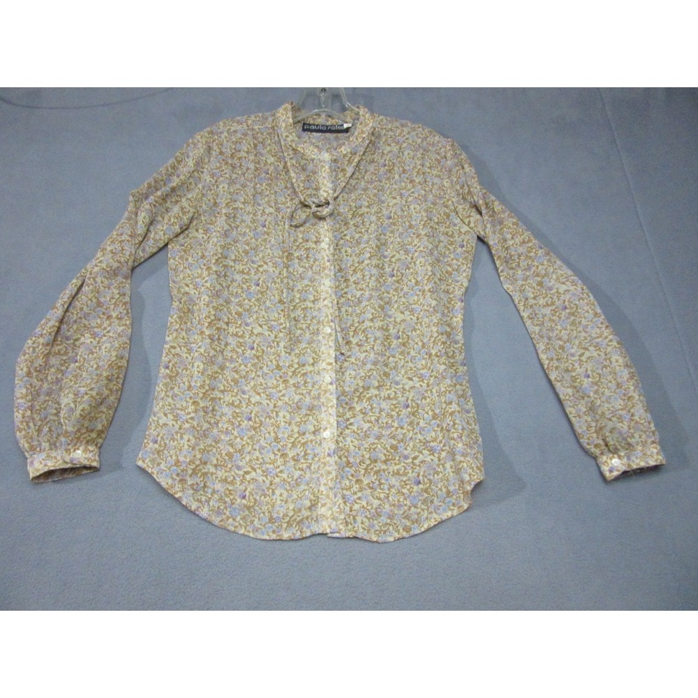Paula Saker Blouse Womens 6 Beige Excellent Floral Mesh Tie Neck Vintage Top